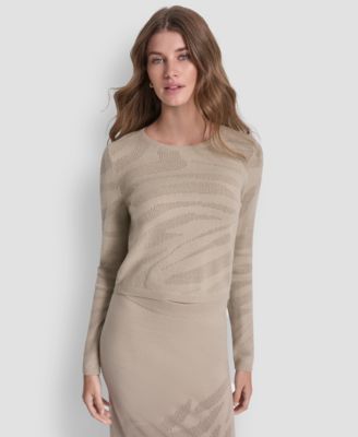 Women's Crewneck Zebra Pointelle Cropped Sweater