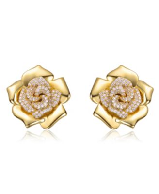 Women's 14K Gold Plated with Clear Cubic Zirconia Big Heavy Flower Earrings