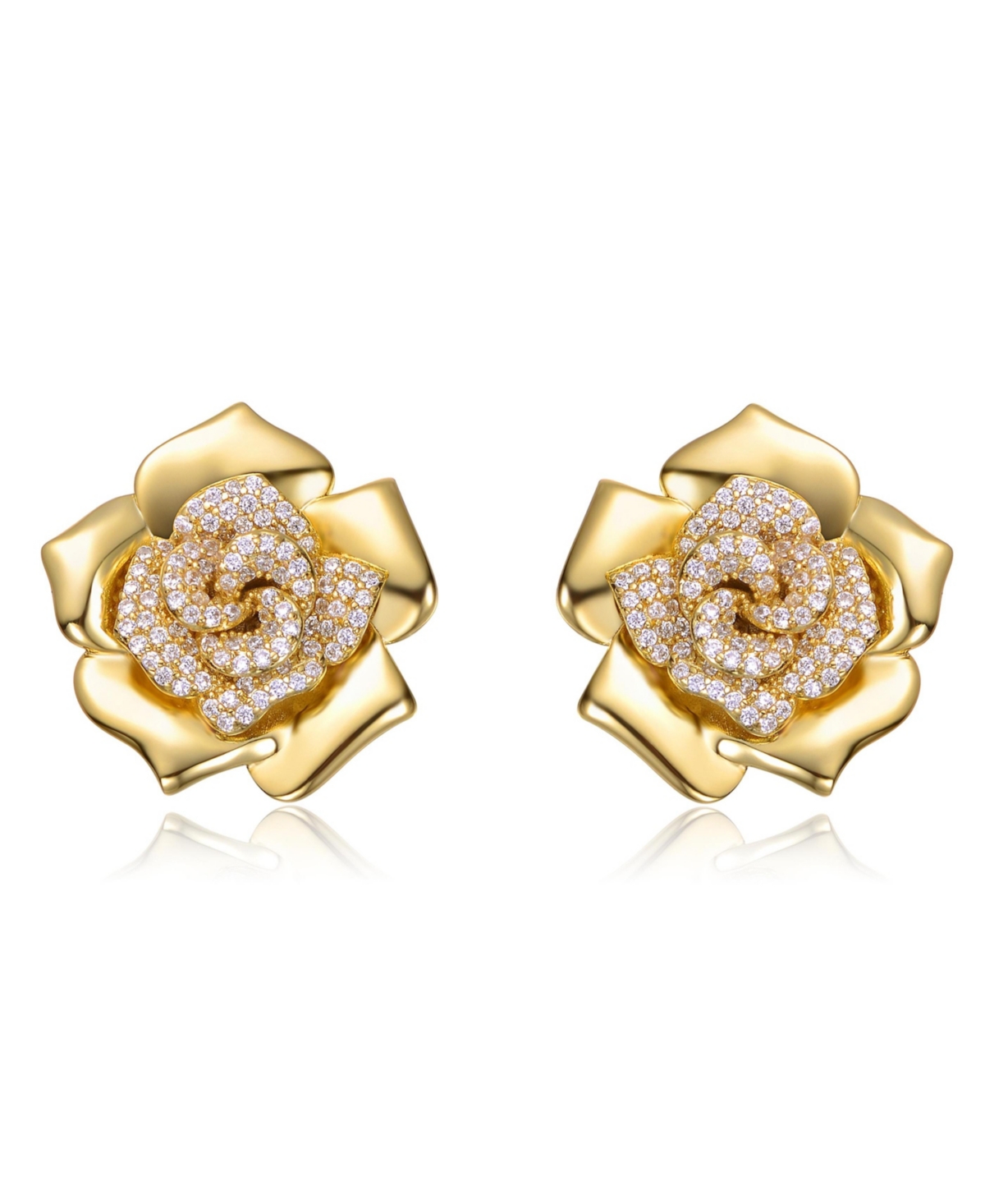 14K Gold Plated with Clear Cubic Zirconia Accents Flower Earrings