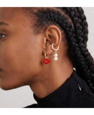 18K Gold-Plated Mismatched Huggie Earrings with Lip Charm & Freshwater Pearls