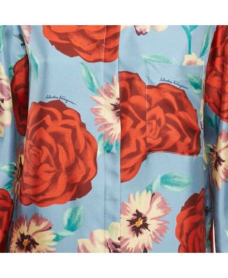 Women's Blue Rose Print Silk Long Sleeve Shirt
