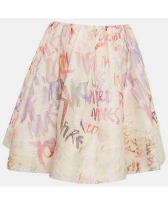 Women's Cream/multicolor Logo Print Linen And Silk Flared Mini