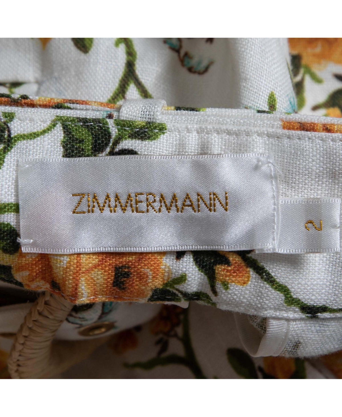 Pre-Owned Zimmermann Women's White Floral Printed Linen Belted Straight Pants