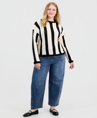 Trendy Plus Size Pointelle Stripe Crewneck Sweater