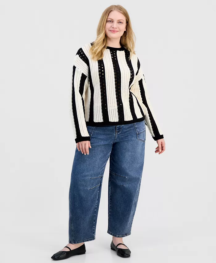 Trendy Plus Size Pointelle Stripe Crewneck Sweater - thumbnail 2