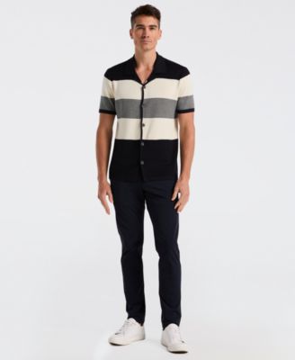 Men's Short-Sleeve Striped Button-Front Sweater