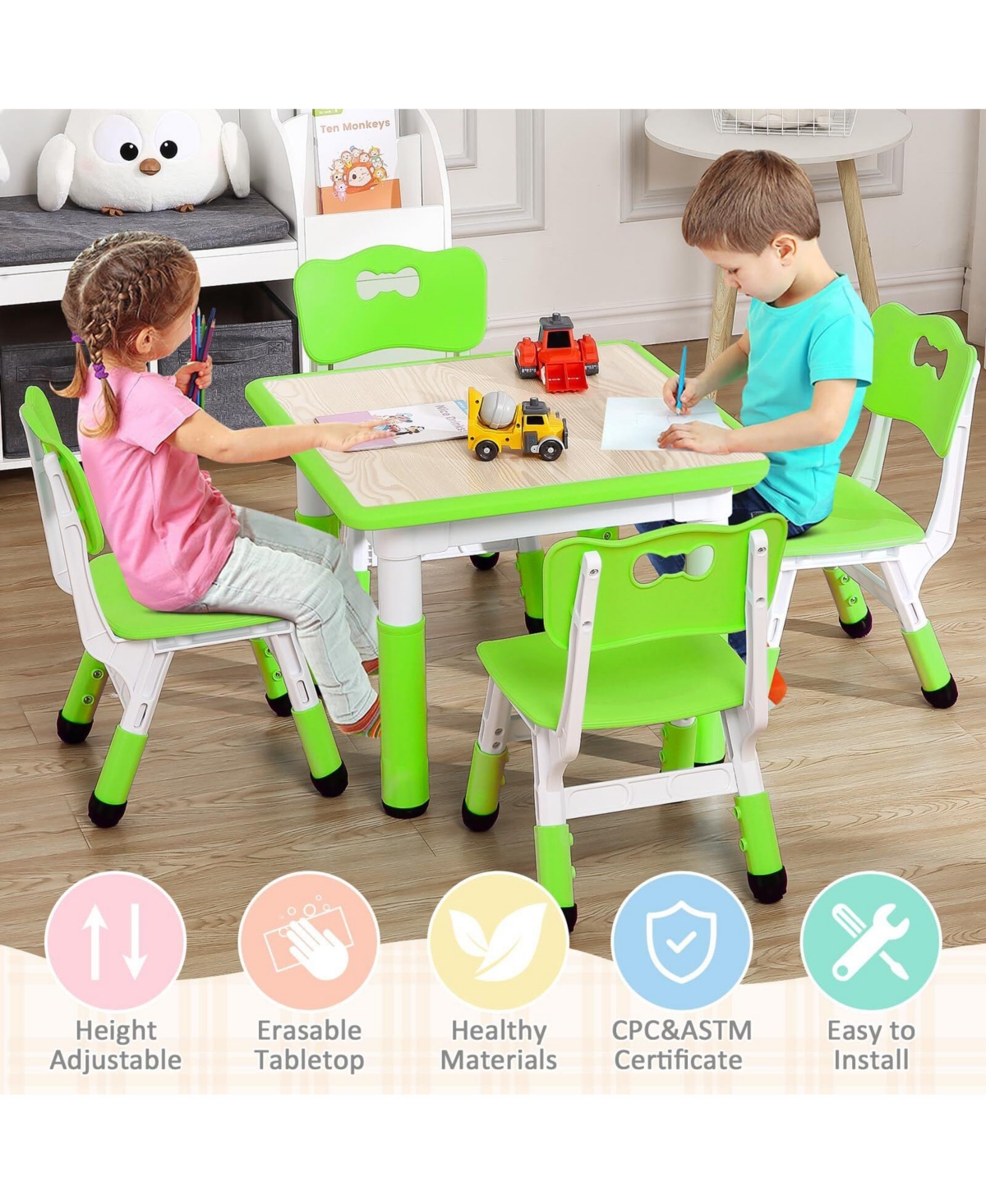 gaomon Kids Table and 4 Chairs Set Height Adjustable Toddler Table and Chair Set