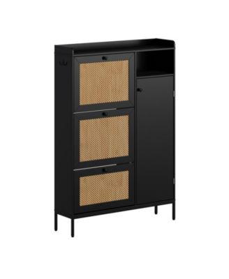 Rattan Shoe Storage Cabinet with 3 Flip Drawers, Freestanding Organizer with Adjustable Shelves