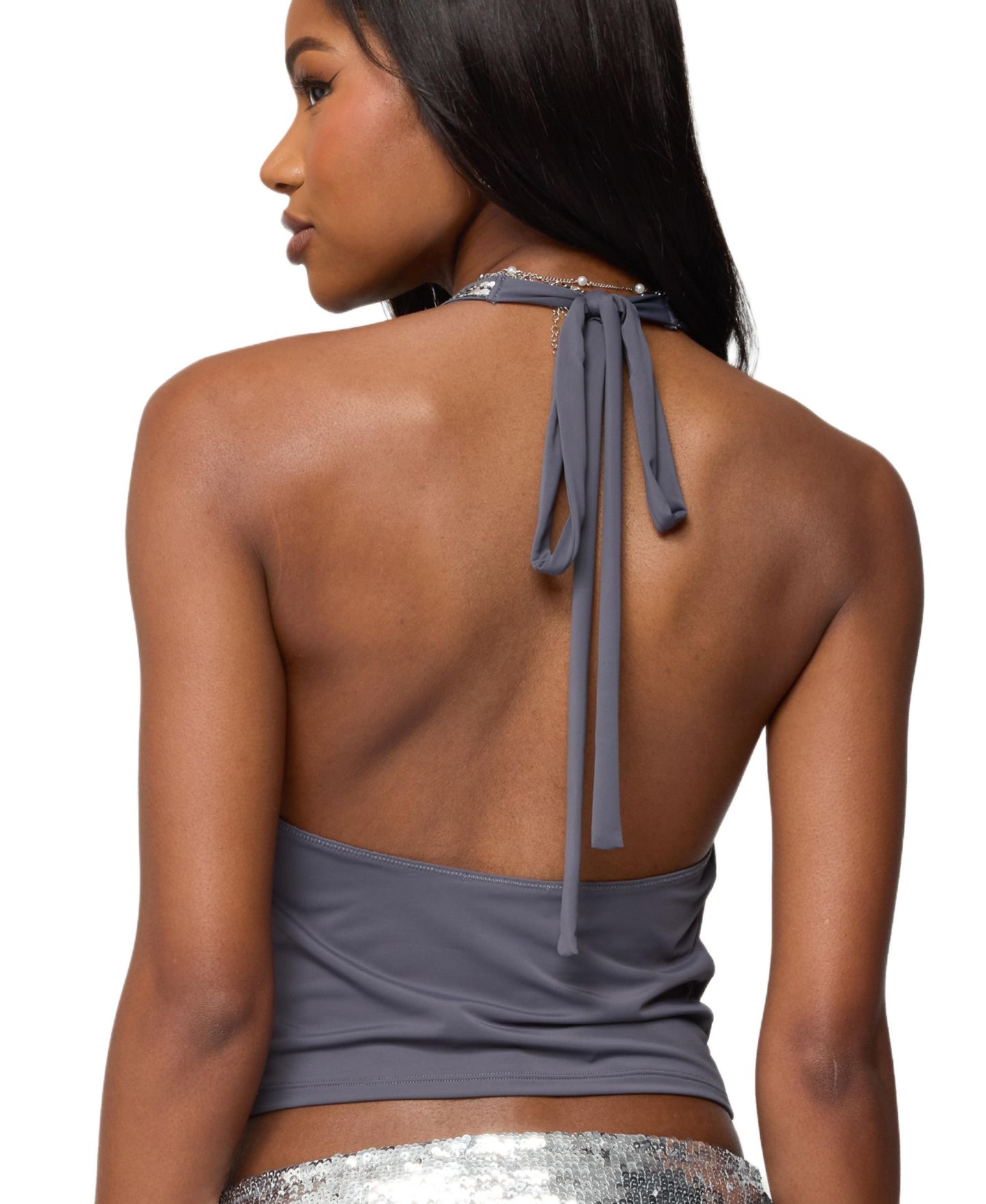 Женский топ Edikted Briella Cowl Neck Halter, цвет: Тёмный серый — фото 2