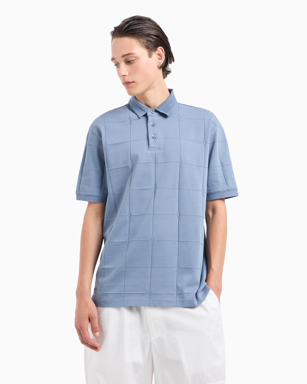 A|X Armani Exchange Men's Short Sleeve Large Grid Pattern Polo Shirt