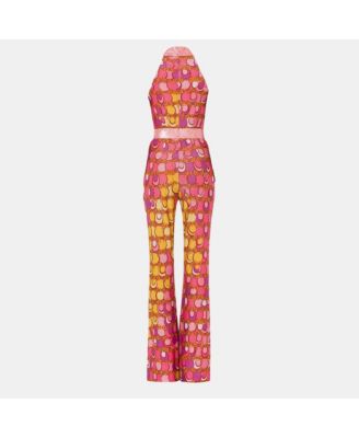 Women's Couture Pink Printed Lurex Jersey Sequin Trim Jumpsuit