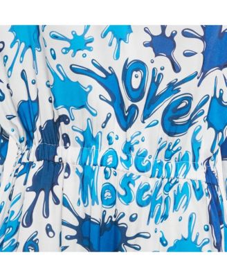 Women's Blue/white Paint Splashed Satin Midi Dress