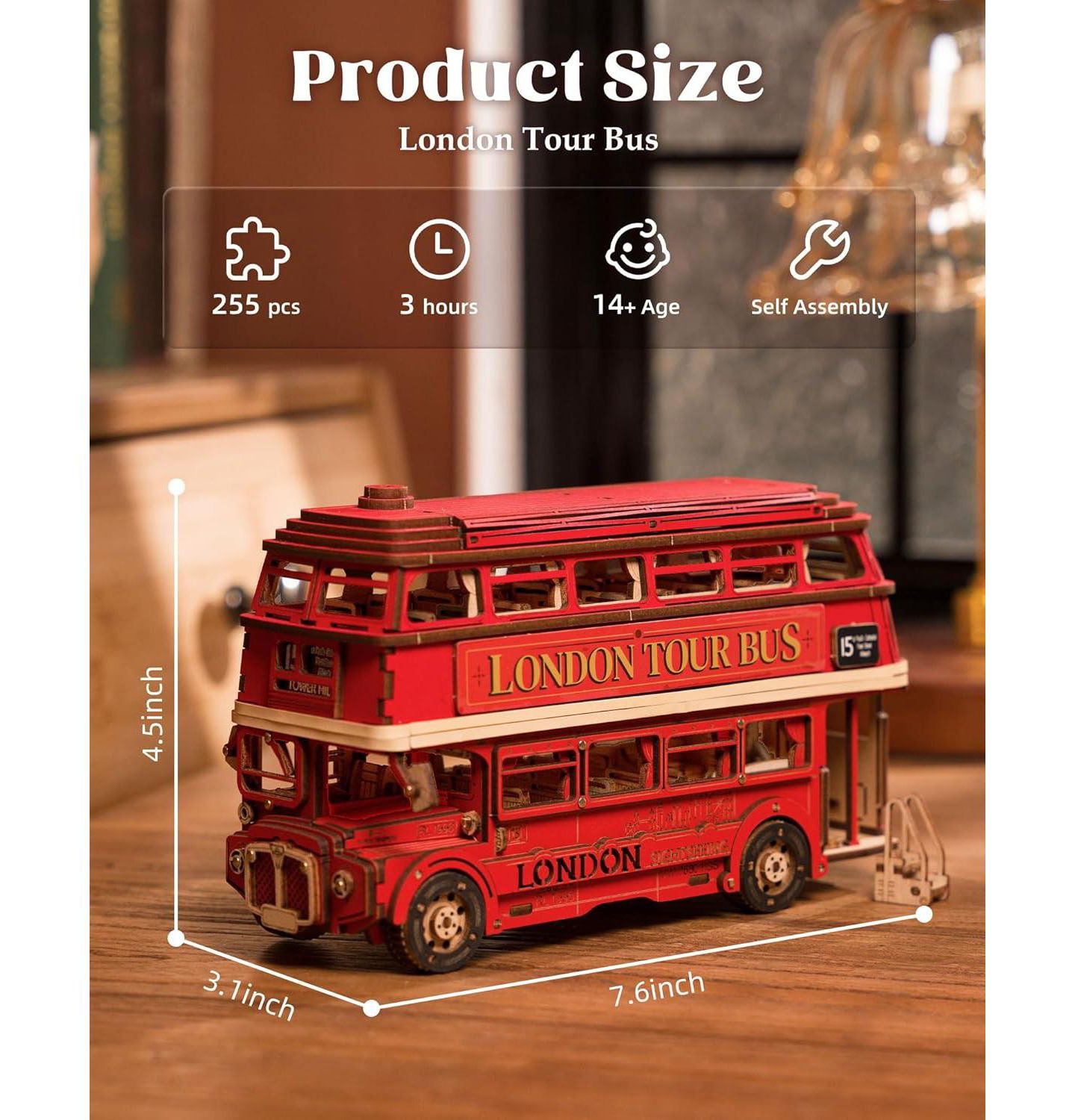 Детский пазл Robotime London Tour Bus 3D Wood 255-Piece Puzzle, Ages 14+ — фото 3