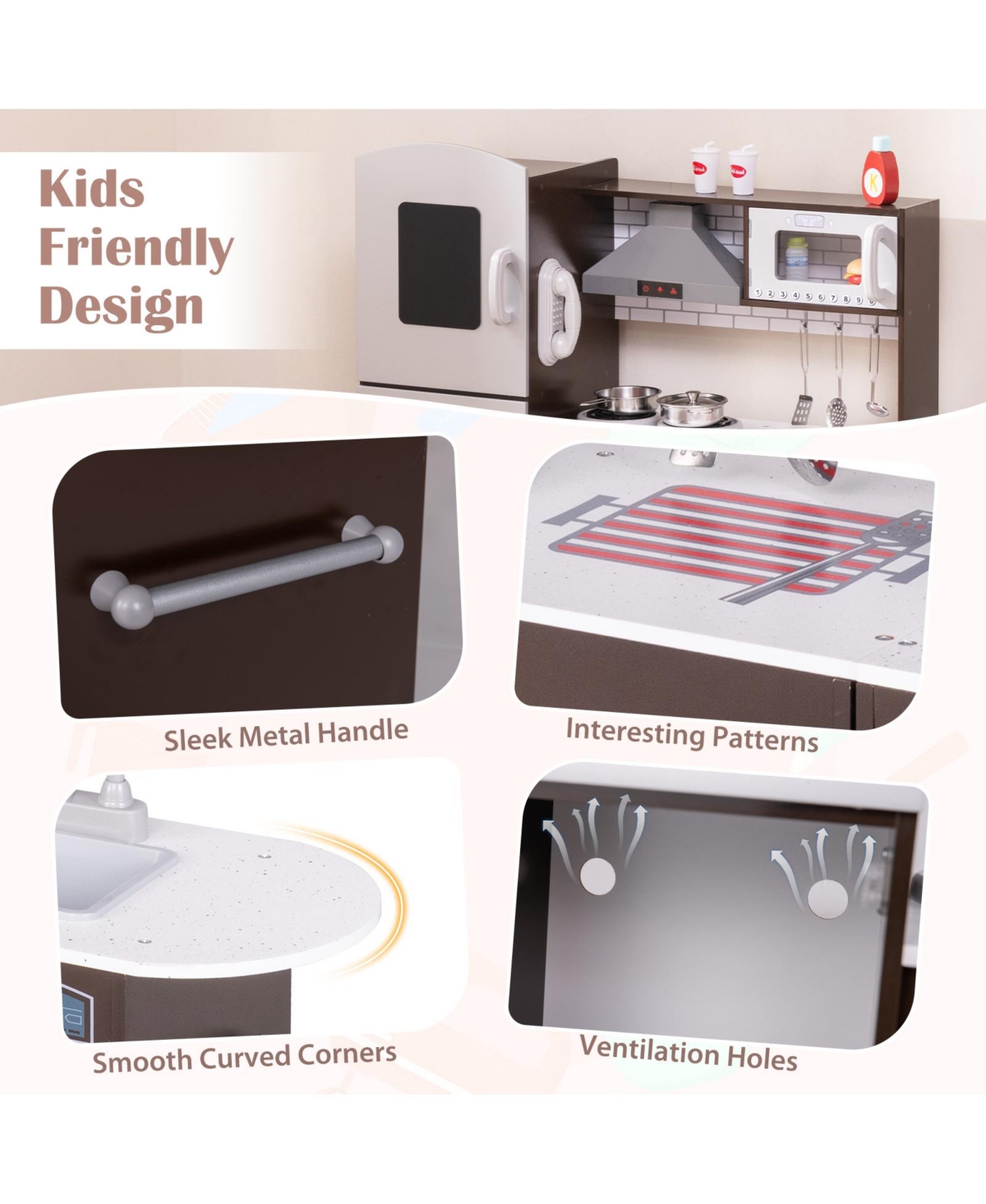 Hongge Interactive Corner Toy Kitchen Set with Light, Sounds, and Storage Cabinets - Dark Brown