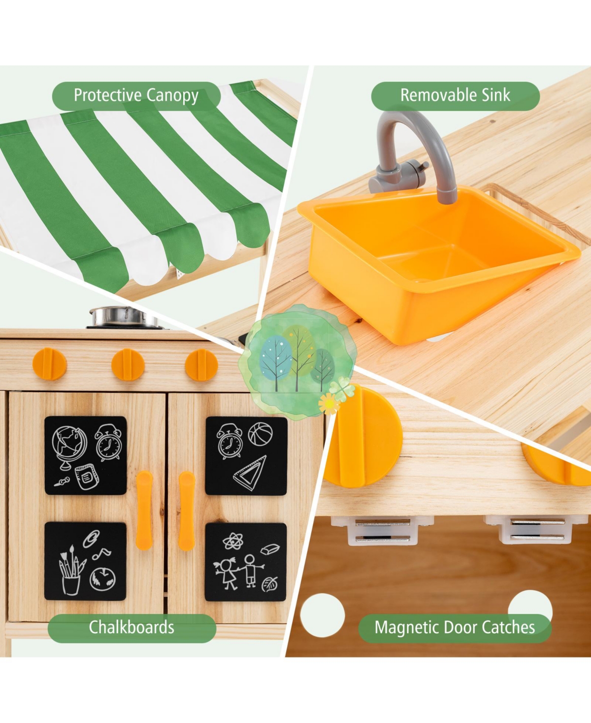 Hongge Outdoor Wooden Mud Kitchen Playset with Sink, Stove, and Canopy - Natural