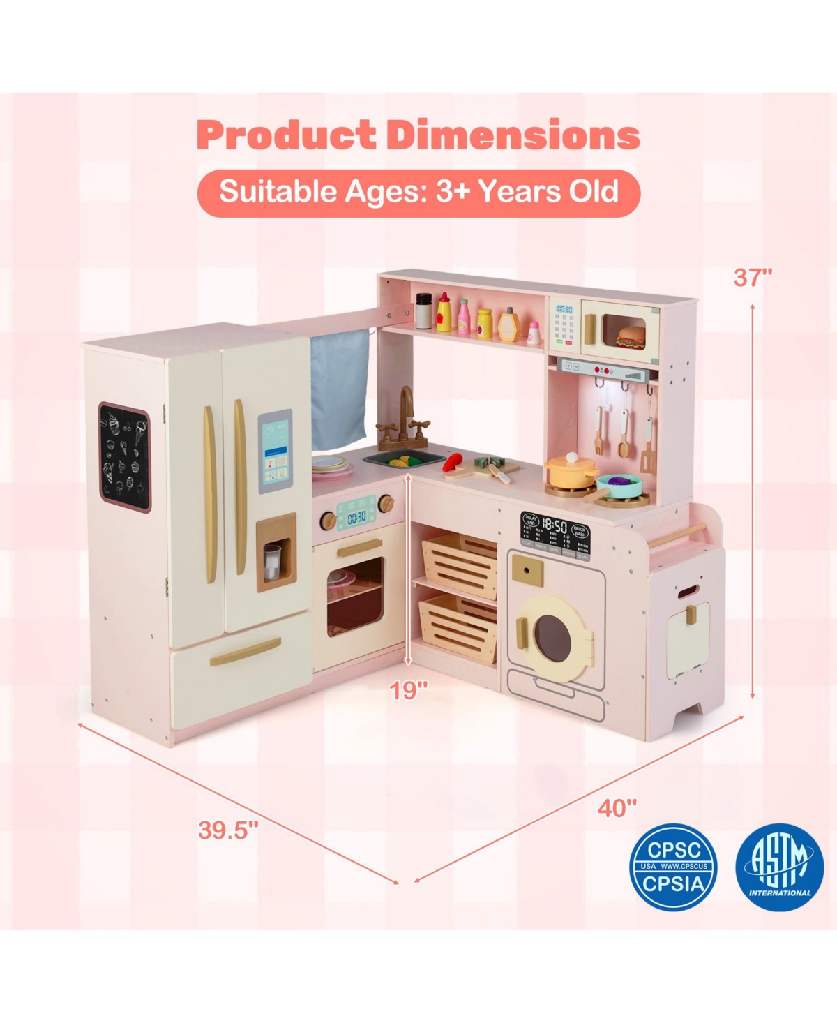 Hongge Corner Kitchen Playset for Kids with Lights, Sounds, and Storage - Pink