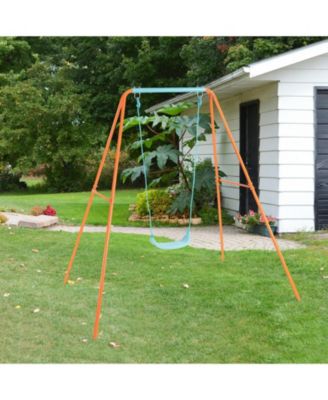 Outdoor Kids Swing Set with Heavy-Duty Metal A-Frame and Ground Stakes-Orange