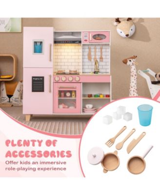Wooden Pretend Play Kitchen With Ice Maker Range Hood And Blackboard.