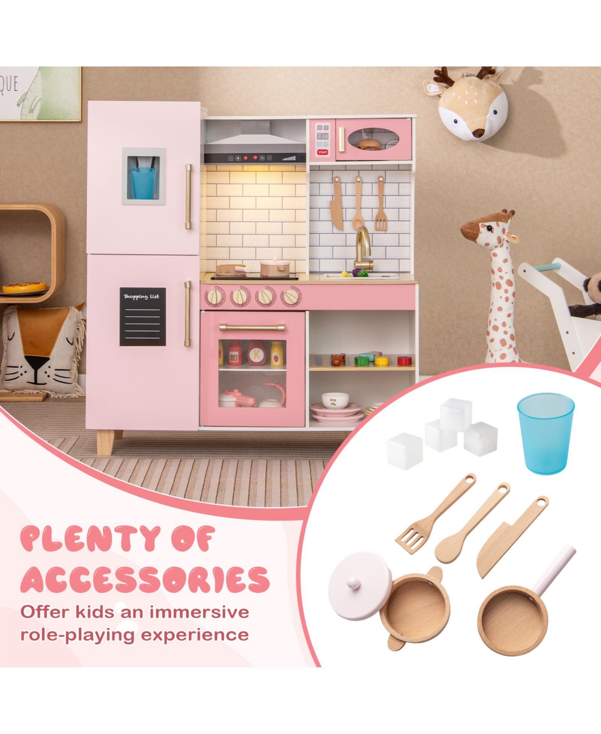 Skonyon Wooden Pretend Play Kitchen With Ice Maker Range Hood And Blackboard.