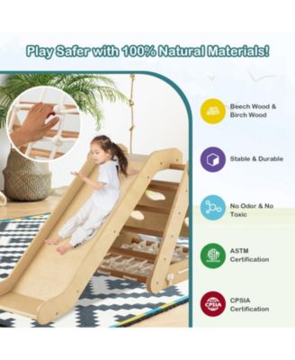 4 in 1 Triangle Climber Toy with Sliding Board and Climbing Net-Natural