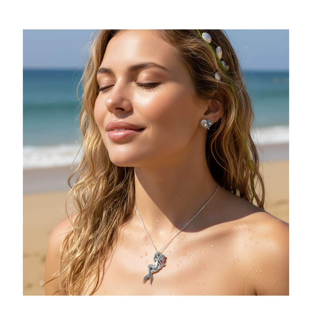 Bling Jewelry Nautical Mermaid Pendant Necklace with Sanddollar & Seashell Stud Earrings Jewelry Set Sterling Silver