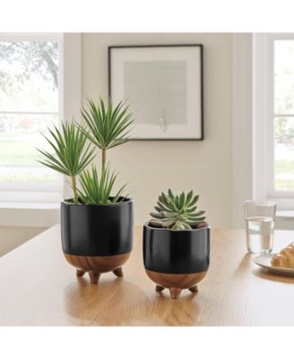 Milo Mortar Two Tone Flower Pot Planter Cachepot Set of 2 Sizes - Black and Walnut