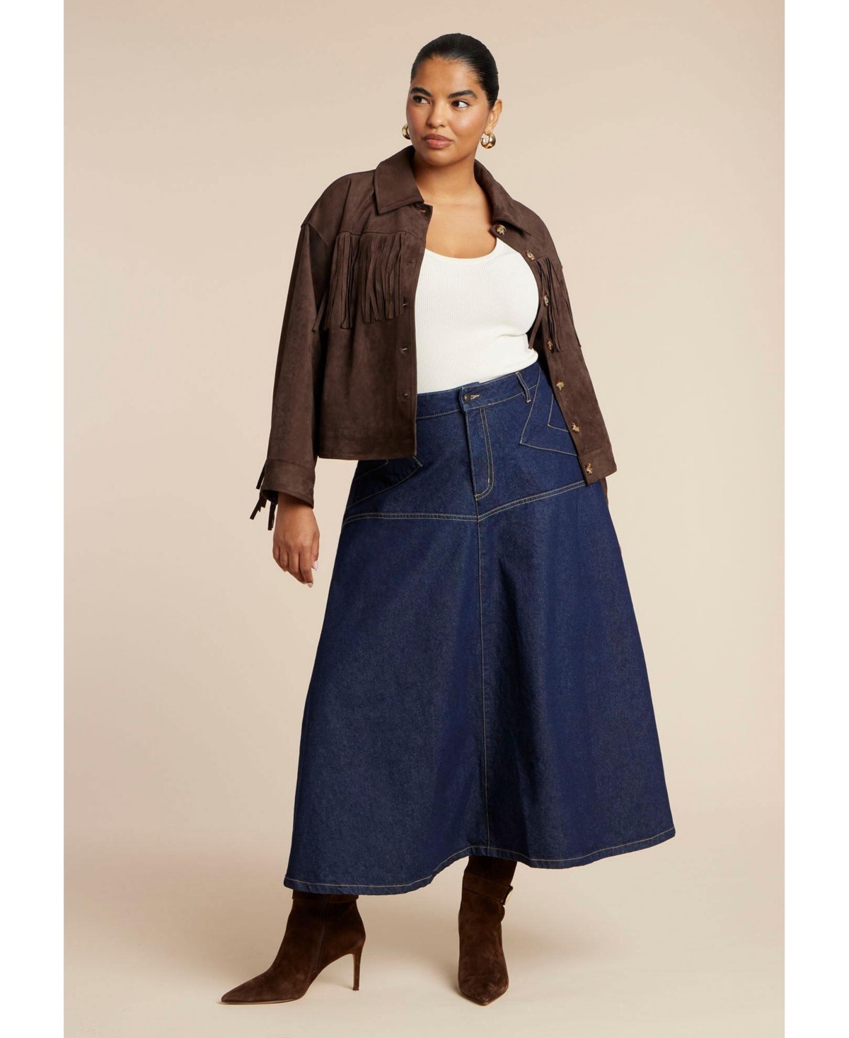 Eloquii Women's Denim Maxi Skirt With Seam Detail