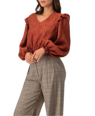 Women's V-Neck Smocked Blouse with Ruffle Sleeves