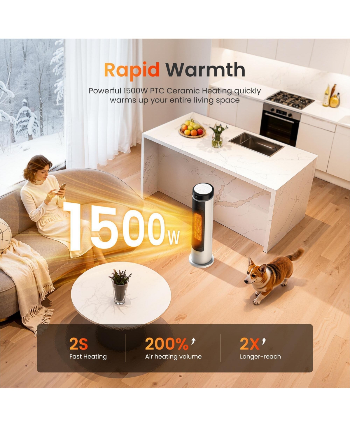 Tower Space Heaters for Indoor, 1500W Heaters with Remote, Ptc Ceramic Electirc Heater for Bedroom, Overheat Protection for Home Office