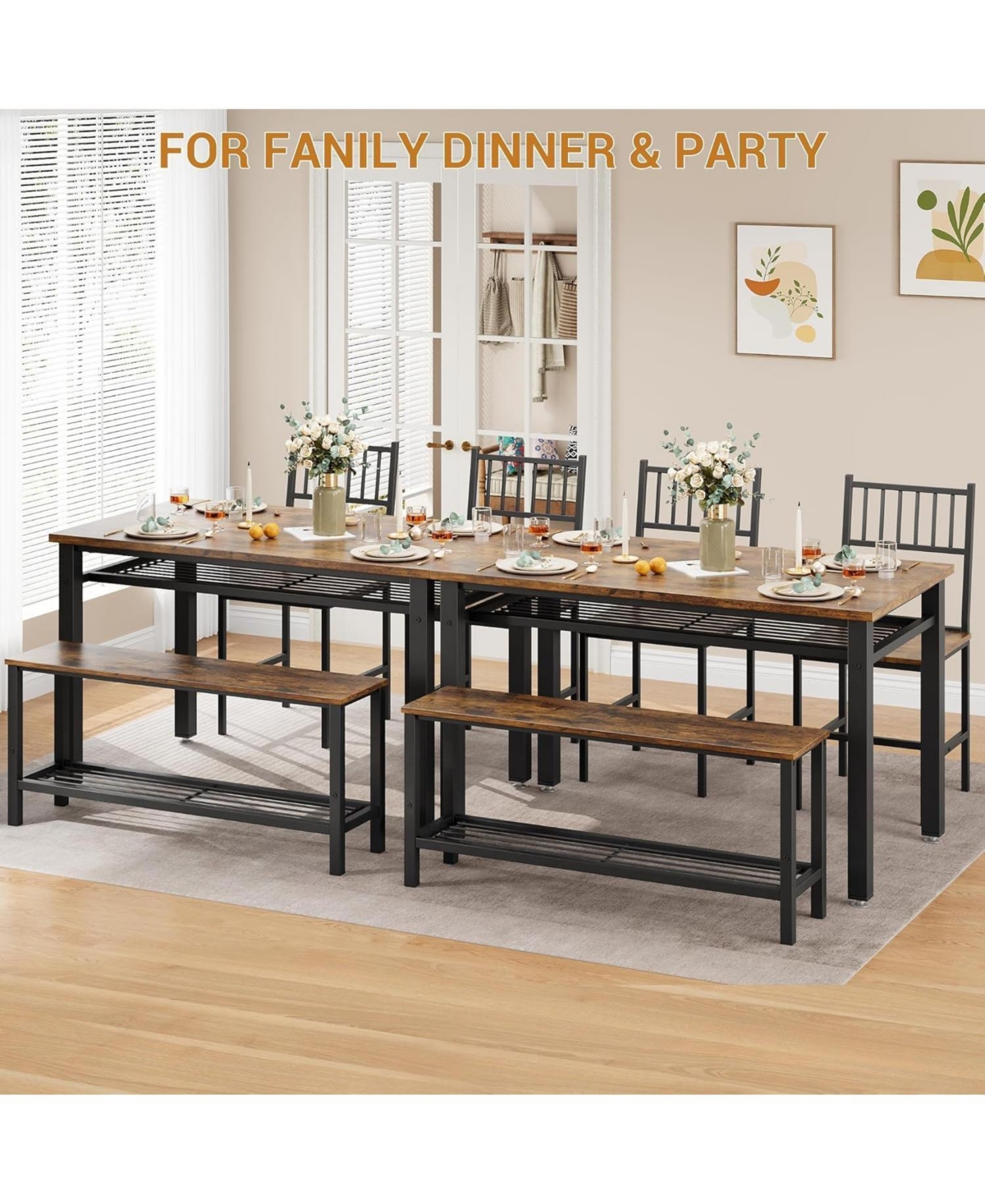 Gaomon Modern Kitchen Table Chairs Set Dining Table Set for 4 with Bench and Chairs,Kitchen Table Set with Storage Rack&Metal Frame
