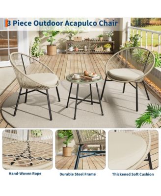 3 Pieces Patio Bistro Set Outdoor Acapulco Chair with Glass Top Coffee Table, Wicker Furniture Sets