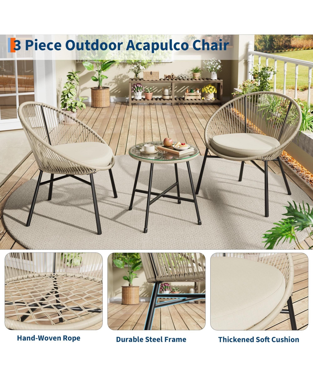 Gaomon 3 Pieces Patio Bistro Set Outdoor Acapulco Chair with Glass Top Coffee Table, Wicker Furniture Sets