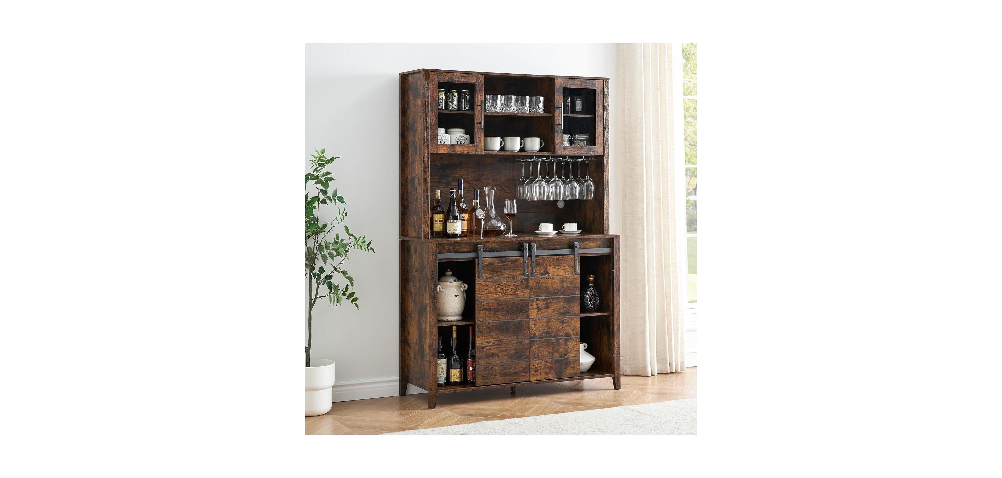 Gaomon 70" Farmhouse Bar Cabinet with Sliding Barn Door, Storage Shelves, Wine and Glass Rack, Sideboard for Kitchen and Dining Room