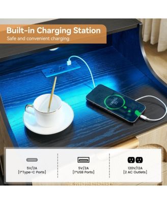 Rattan Nightstand with Charging Station and LED Lights, Storage End Table, for Living Room, Bedroom, Dorm