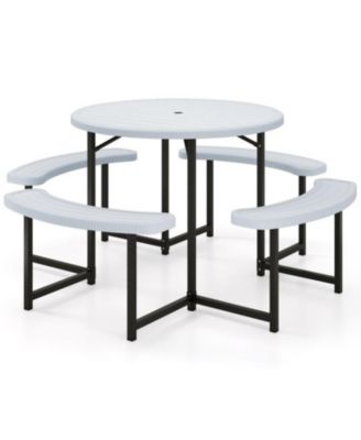 Round Picnic Table Set with 4 Benches and Umbrella Hole