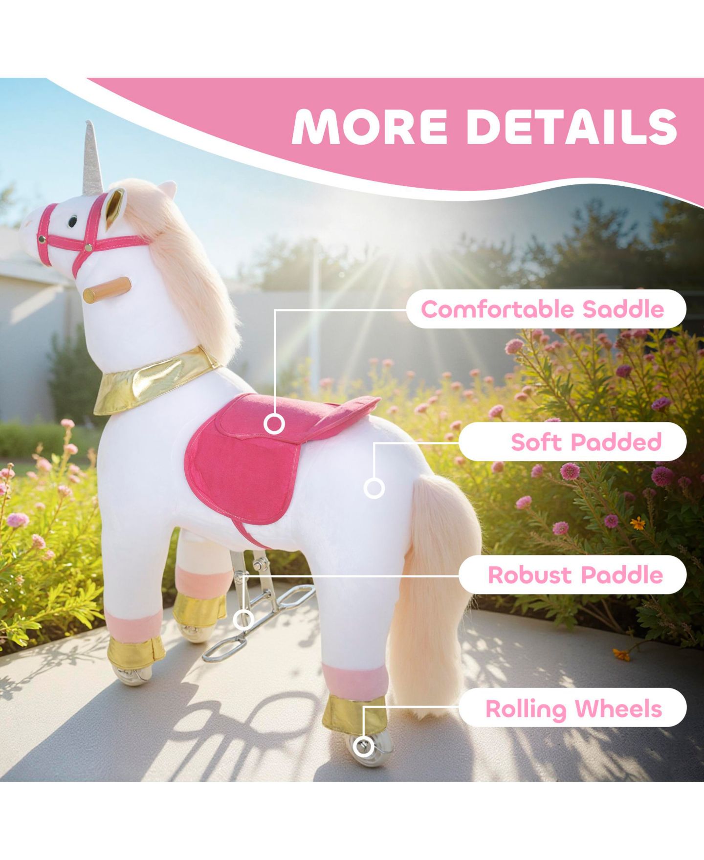Детская мягкая игрушка Qaba Ride-On Unicorn Plush Rocking Horse, 55 lbs. Capacity, Ages 3-5, цвет: Белый — фото 6