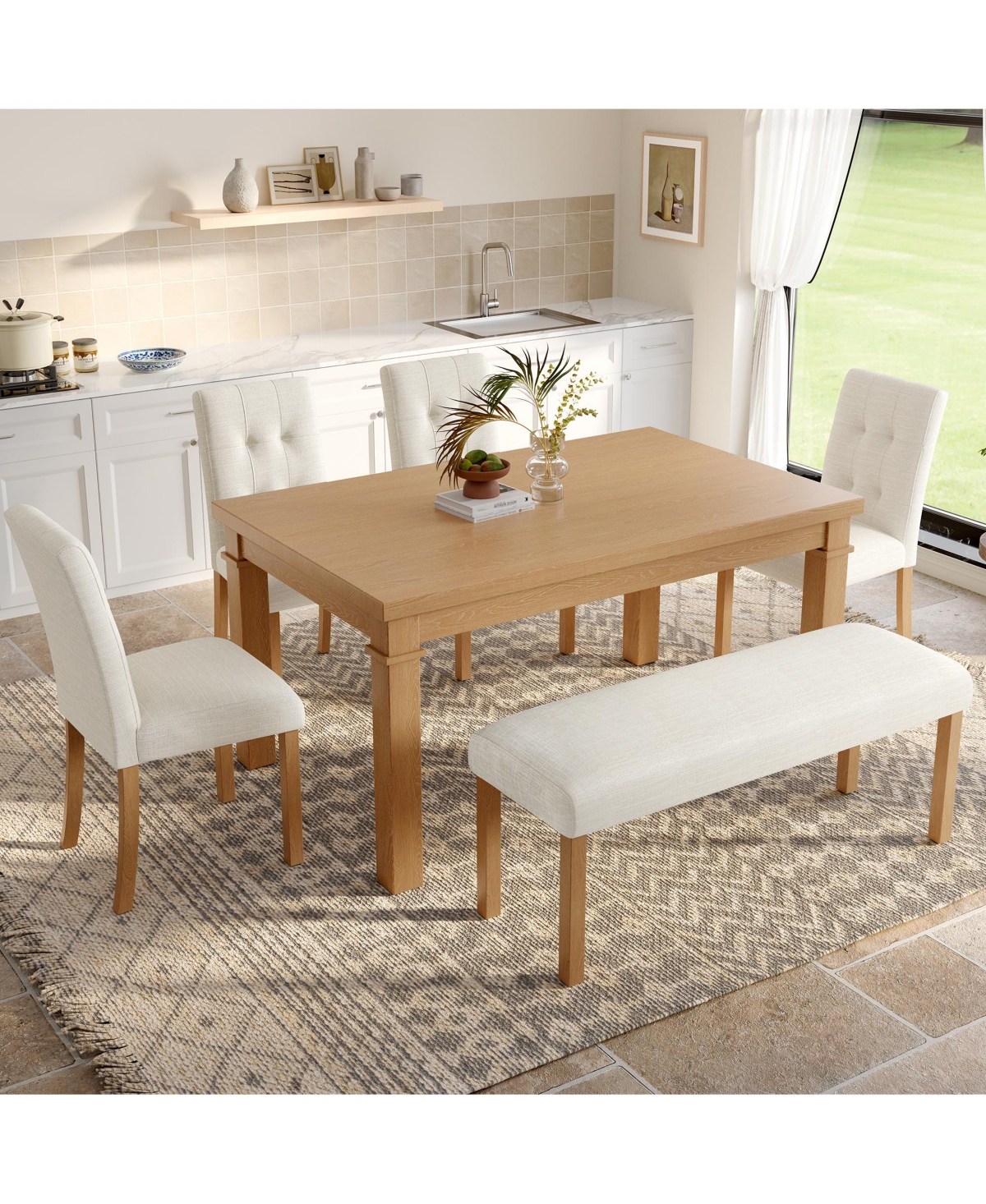 sumyeg 6-Piece Modern Dining Set with Rectangle Kitchen Table 4 Upholstered Chairs and Bench
