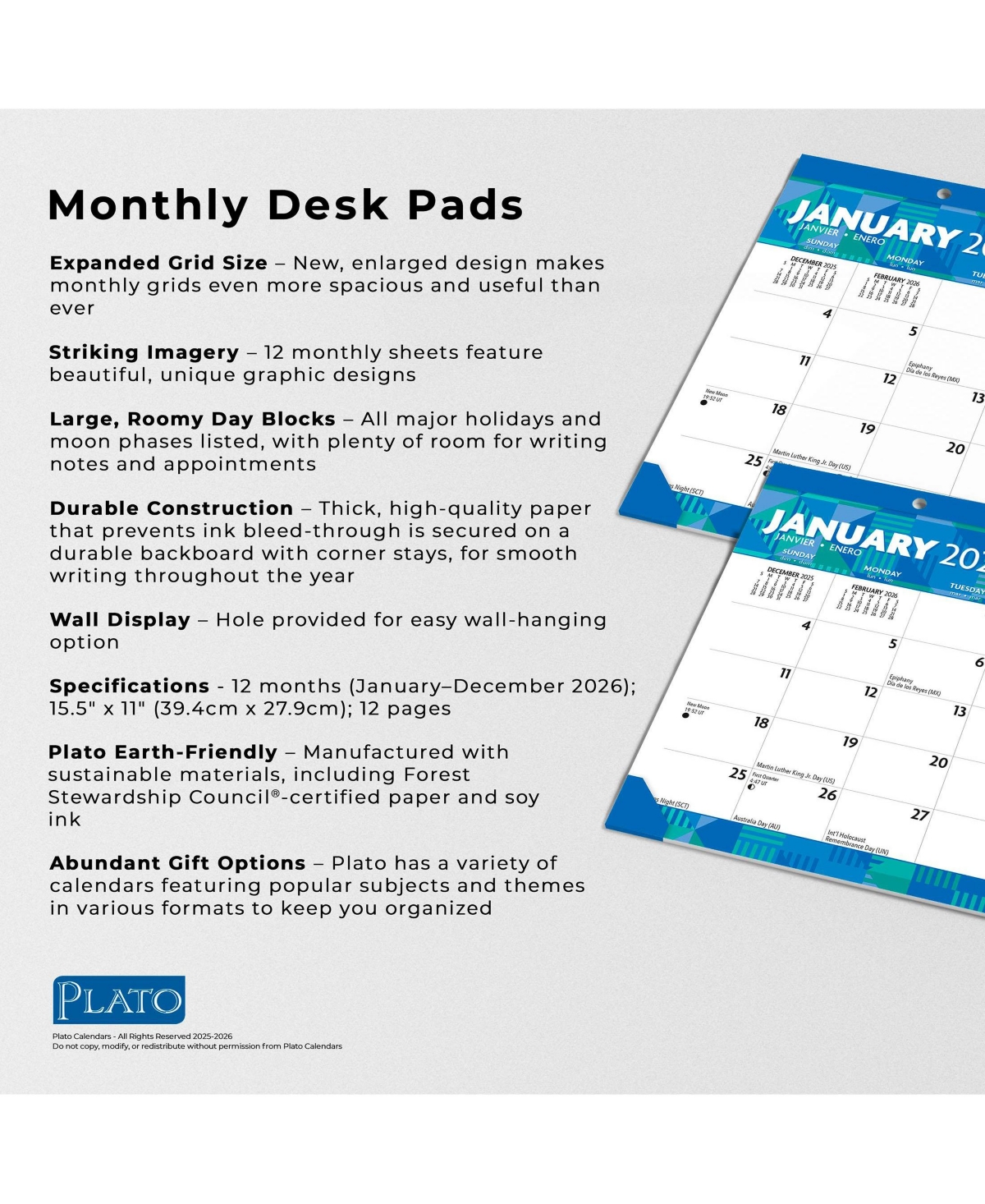 BrownTrout Plato Large Print | 2026 15.5 x 11 Inch Monthly Desk Pad Calendar