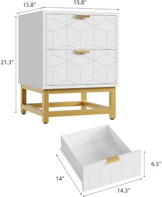 2 Drawer Dresser, Modern Small Nightstand with Gold Handles, Wood Storage Cabinet for Bedroom, Nursery, Entryway