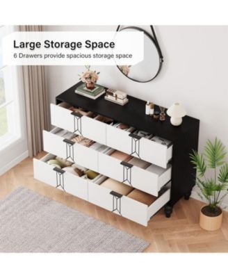 and Wooden 6 Drawer Dresser with Vintage Pattern Design, Modern Chest Dresser with Deep Drawers for Bedroom, Living Room, Entryway