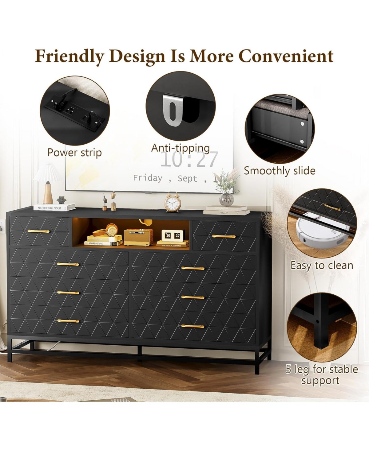 Gaomon 8 Drawer Wood Dresser for Bedroom, Wooden Dresser with Led Light