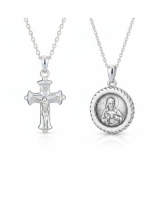 Classic Set of 2 Jesus Medallion and Crucifix Cross Pendant Necklace Sterling Silver with 18 Inch Chain