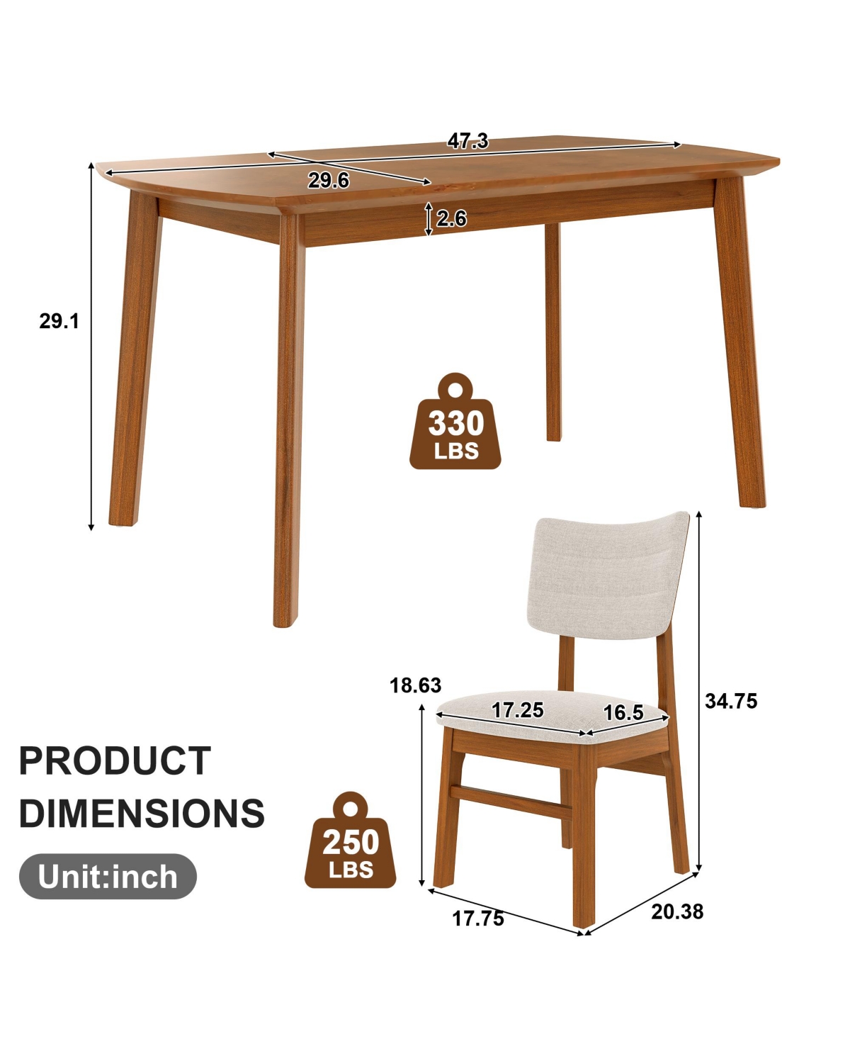 sumyeg Farmhouse Dining Set for 4 with Wood Table and 4 Upholstered Chairs