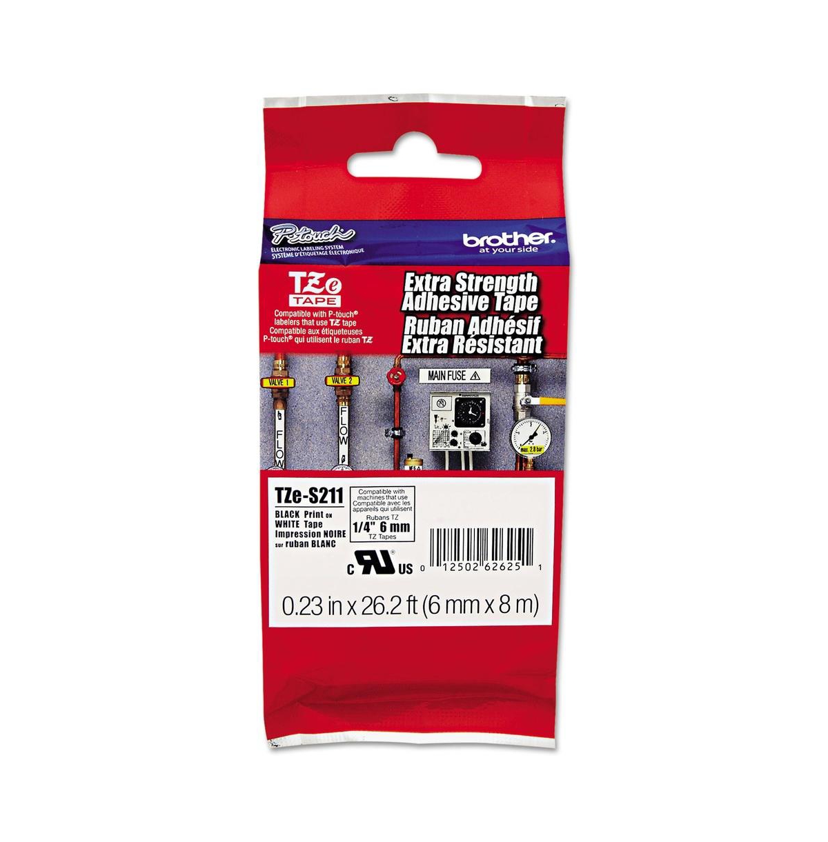 Brother P-Touch TZES211 0.23 in. x 26.2 ft. Extra-Strength Adhesive Laminated Labeling Tape - Black on White