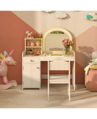 Kid Vanity Table Chair Set 2-Color LED Lights Large Drawer Shelf Cabinet