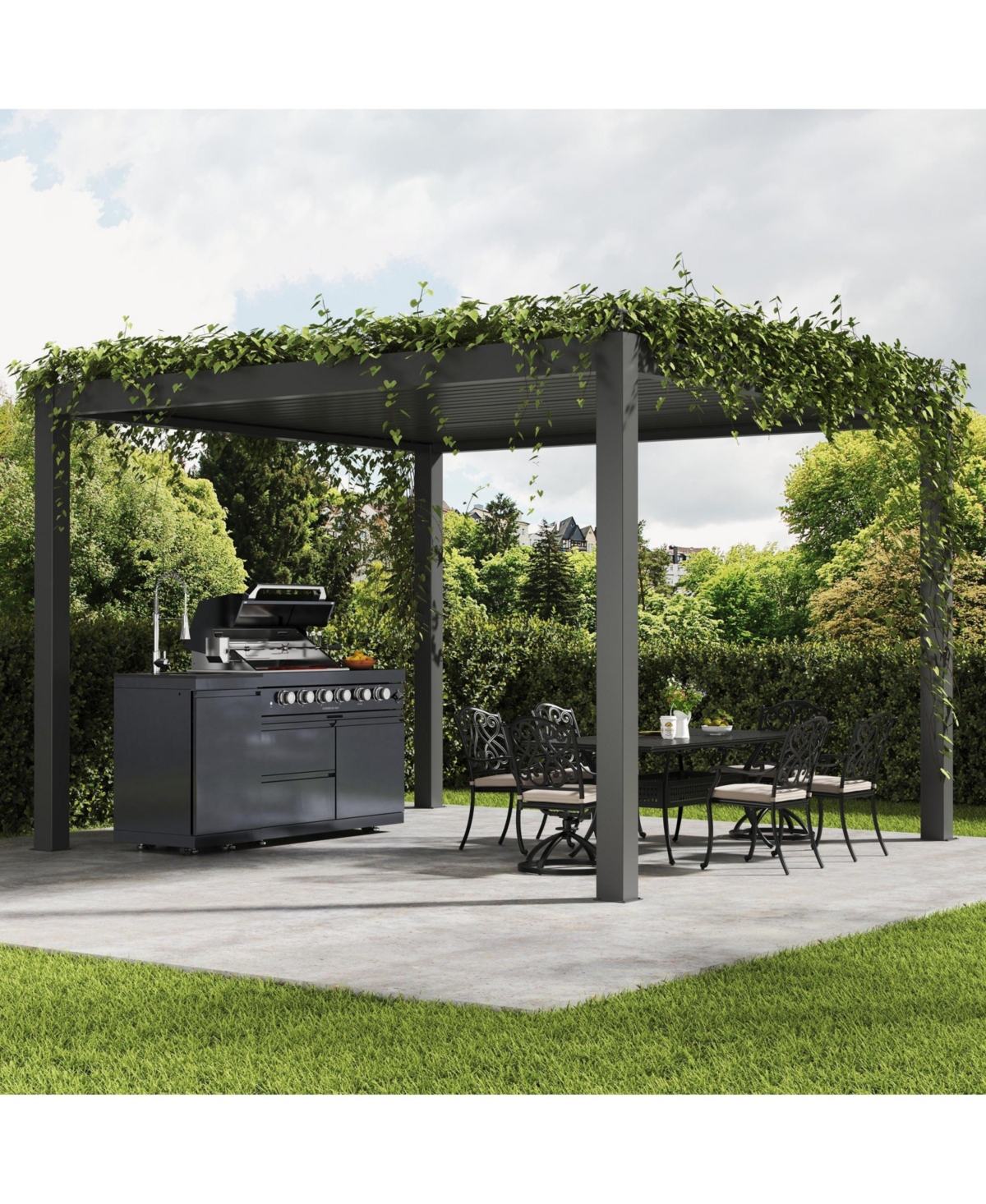 Mondawe 46" 4-Burner Gas Grill Outdoor Kitchen with Round Side Burner, Rotisserie & Granite