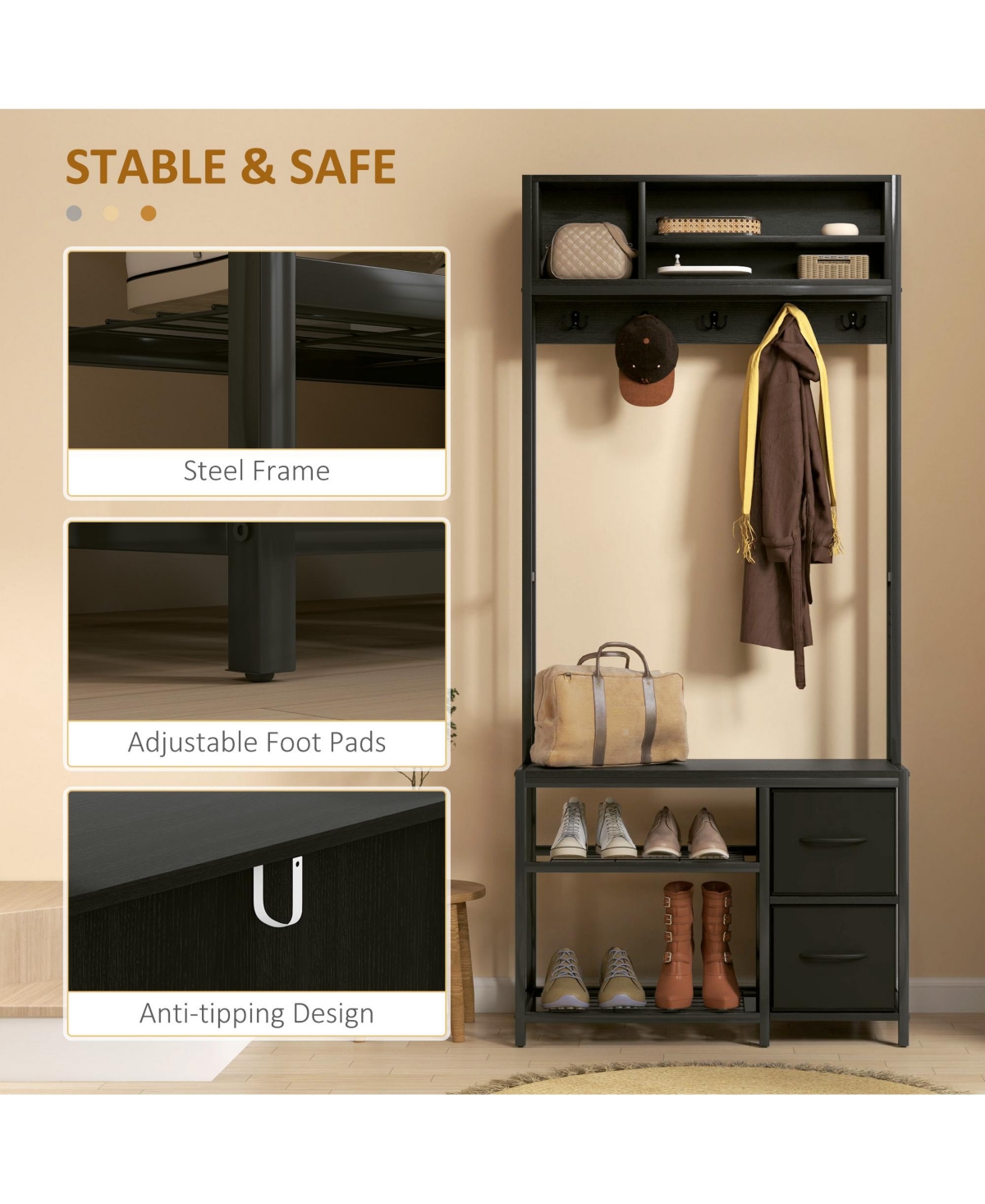 Homcom Hall Tree with Bench, 5-in-1 Entryway Bench Coat Rack,