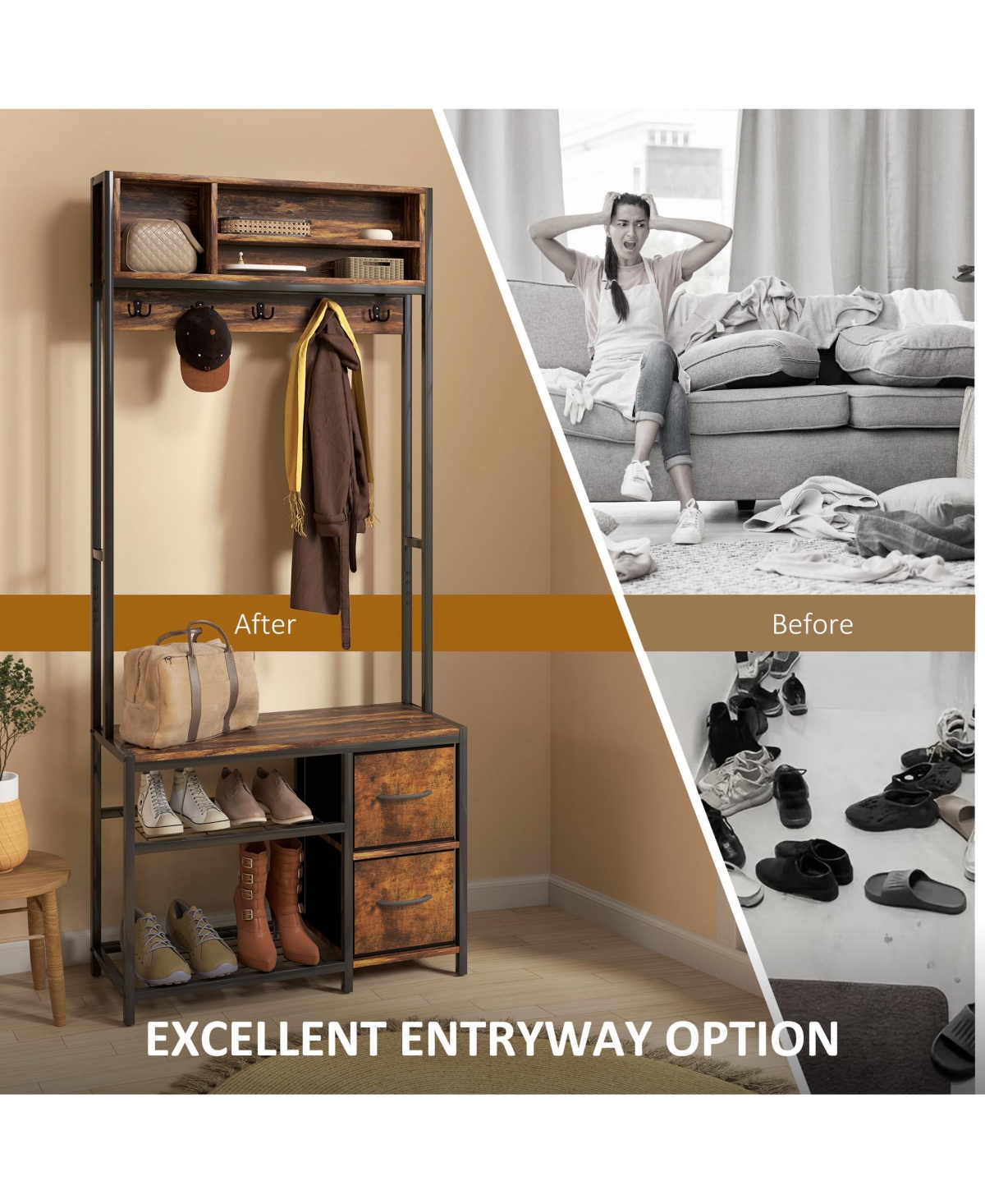 Homcom Hall Tree with Bench, 5-in-1 Entryway Bench with Coat Rack,