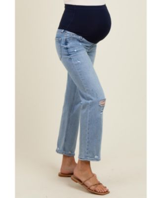 Maternity Light Blue Distressed Open Knee Ankle Straight Leg Jeans