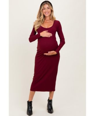 Maternity Burgundy Scoop Neck Long Sleeve Midi Dress